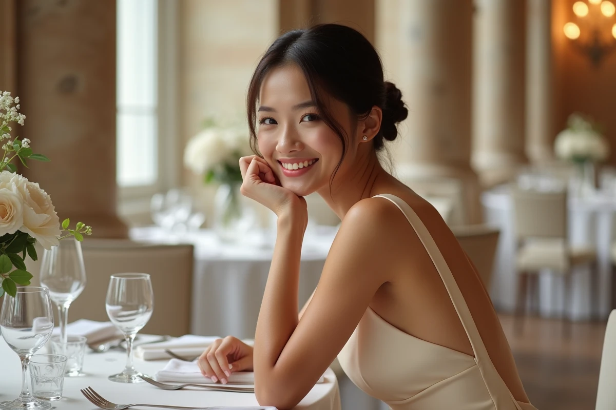 Mariée en robe fourreau champagne minimaliste assise dans une salle de réception haussmannienne élégante