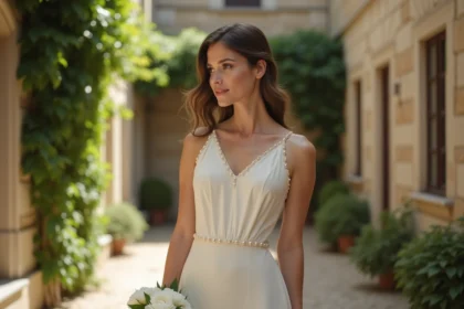Femme en robe fourreau ivoire ornée de perles dans une cour parisienne, tendance mariage 2026