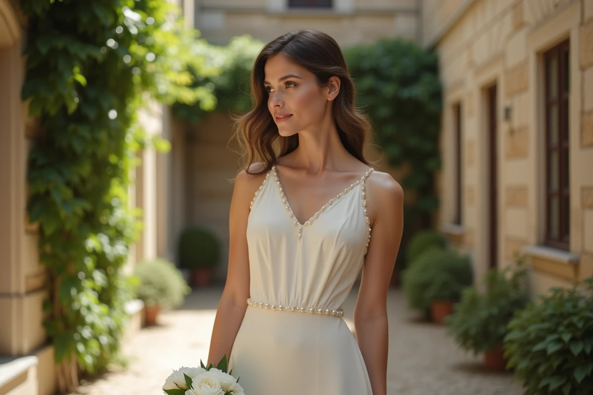 Femme en robe fourreau ivoire ornée de perles dans une cour parisienne, tendance mariage 2026