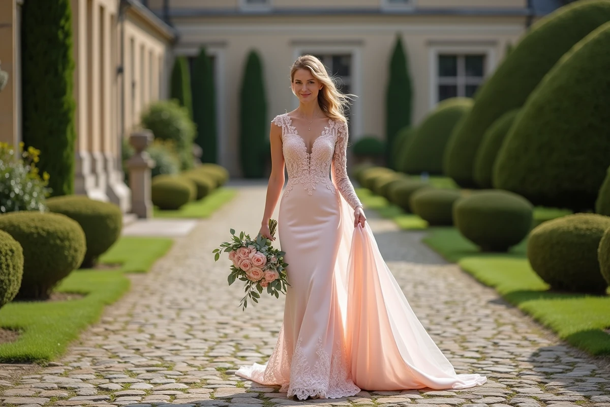 Mariée en robe fourreau rose poudré avec dentelle marchant dans un jardin de château français