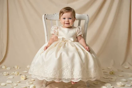 Robe de mariage princesse pour bébé fille en dentelle ivoire avec manches bouffantes, portée lors d'une séance photo studio élégante