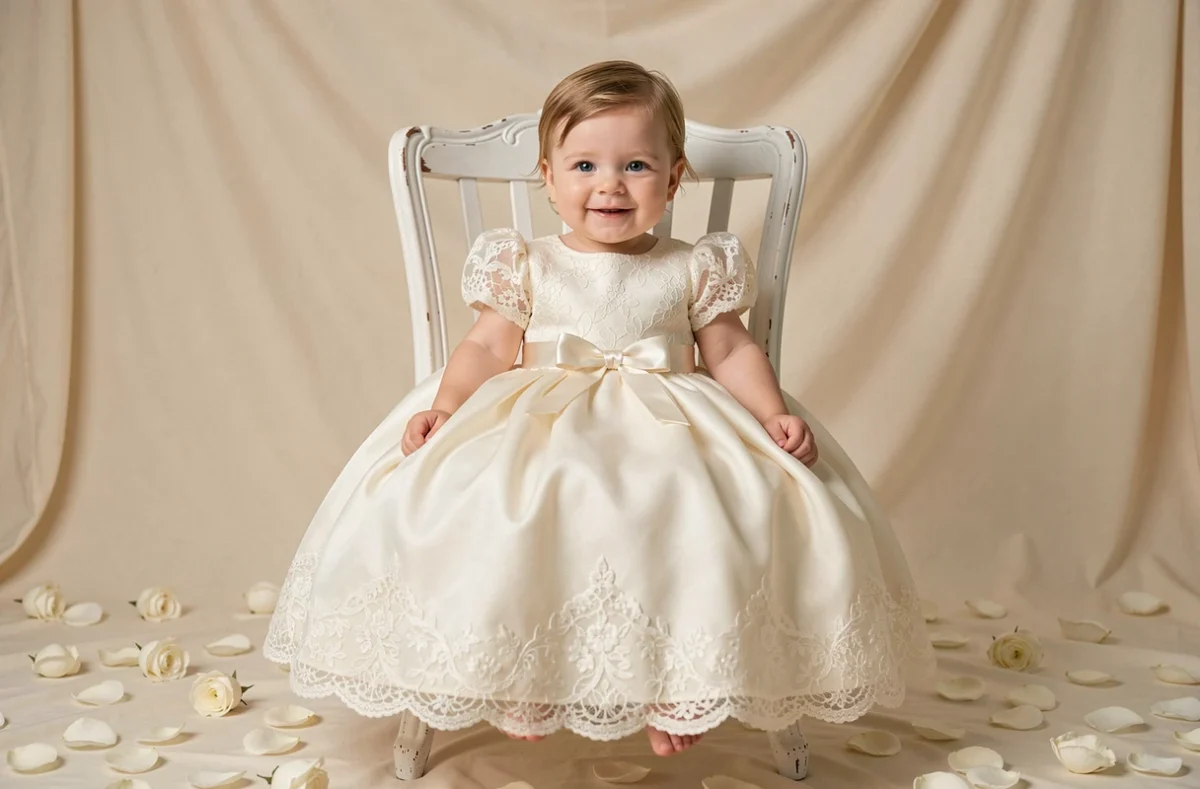 Robe de mariage princesse pour bébé fille en dentelle ivoire avec manches bouffantes, portée lors d'une séance photo studio élégante