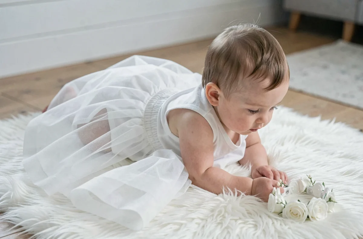Bébé fille en robe de mariage blanche en tulle pratique avec fermeture à pression, allongée sur un plaid blanc moelleux dans un intérieur lumineux