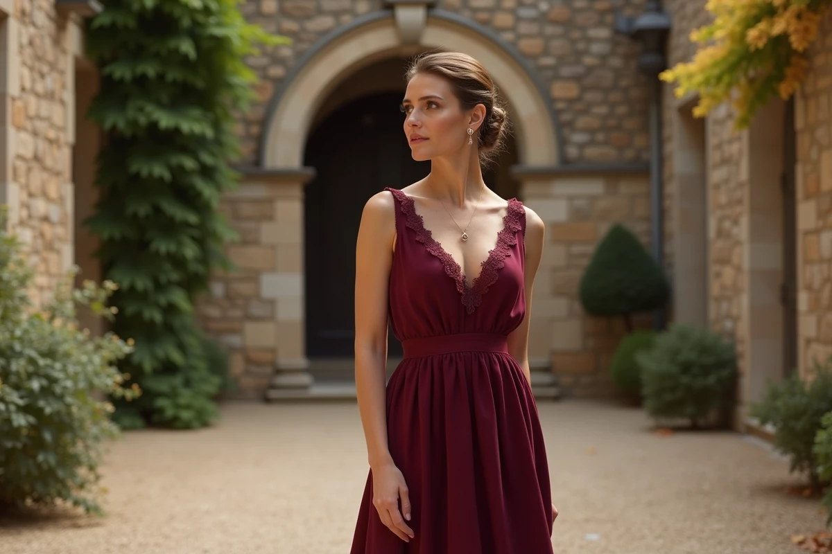 Femme en robe bordeaux élégante dans une cour de château français pour un mariage