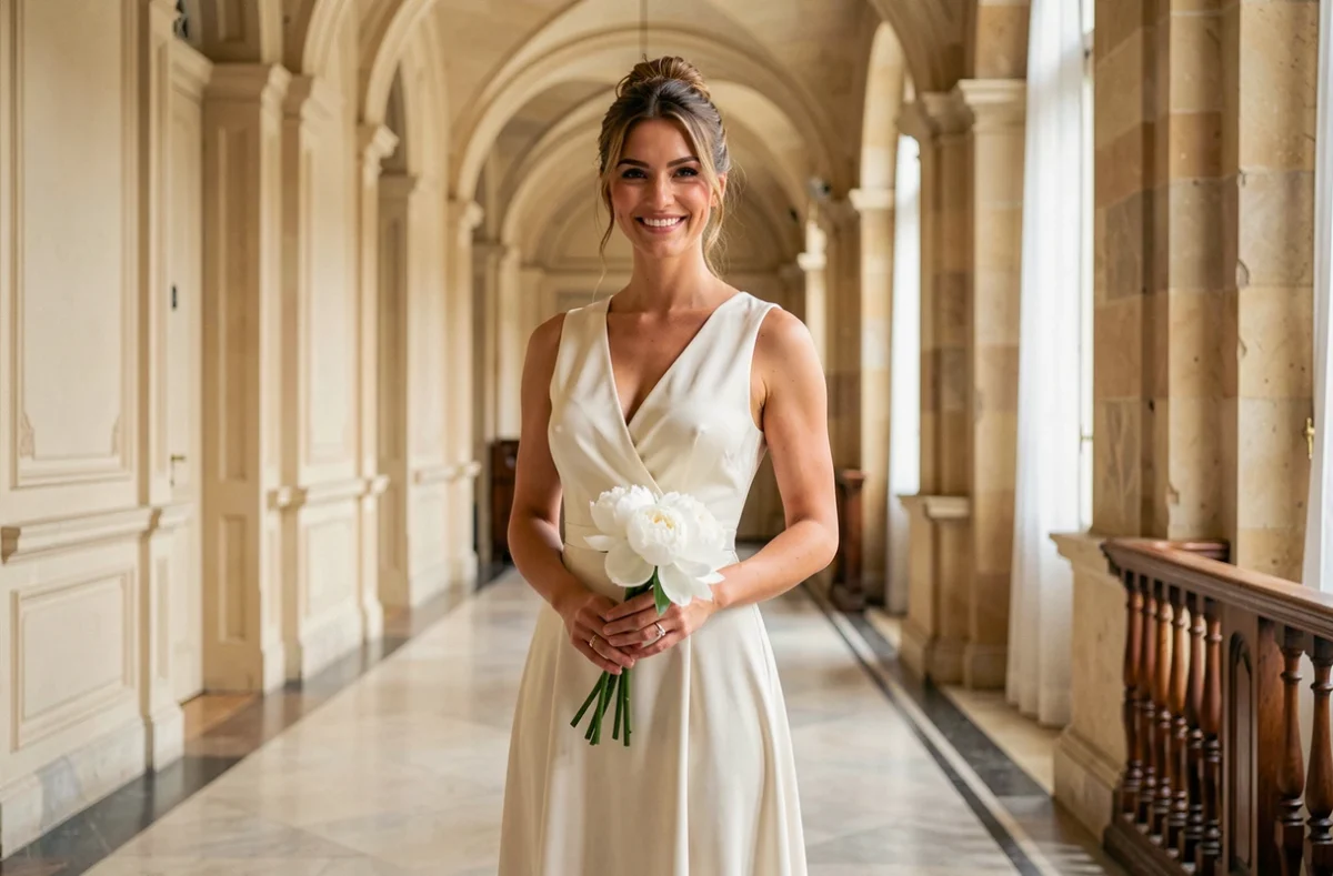 Femme portant une robe de mariage civil ivoire en forme portefeuille dans un couloir de mairie parisienne avec parquet et boiseries