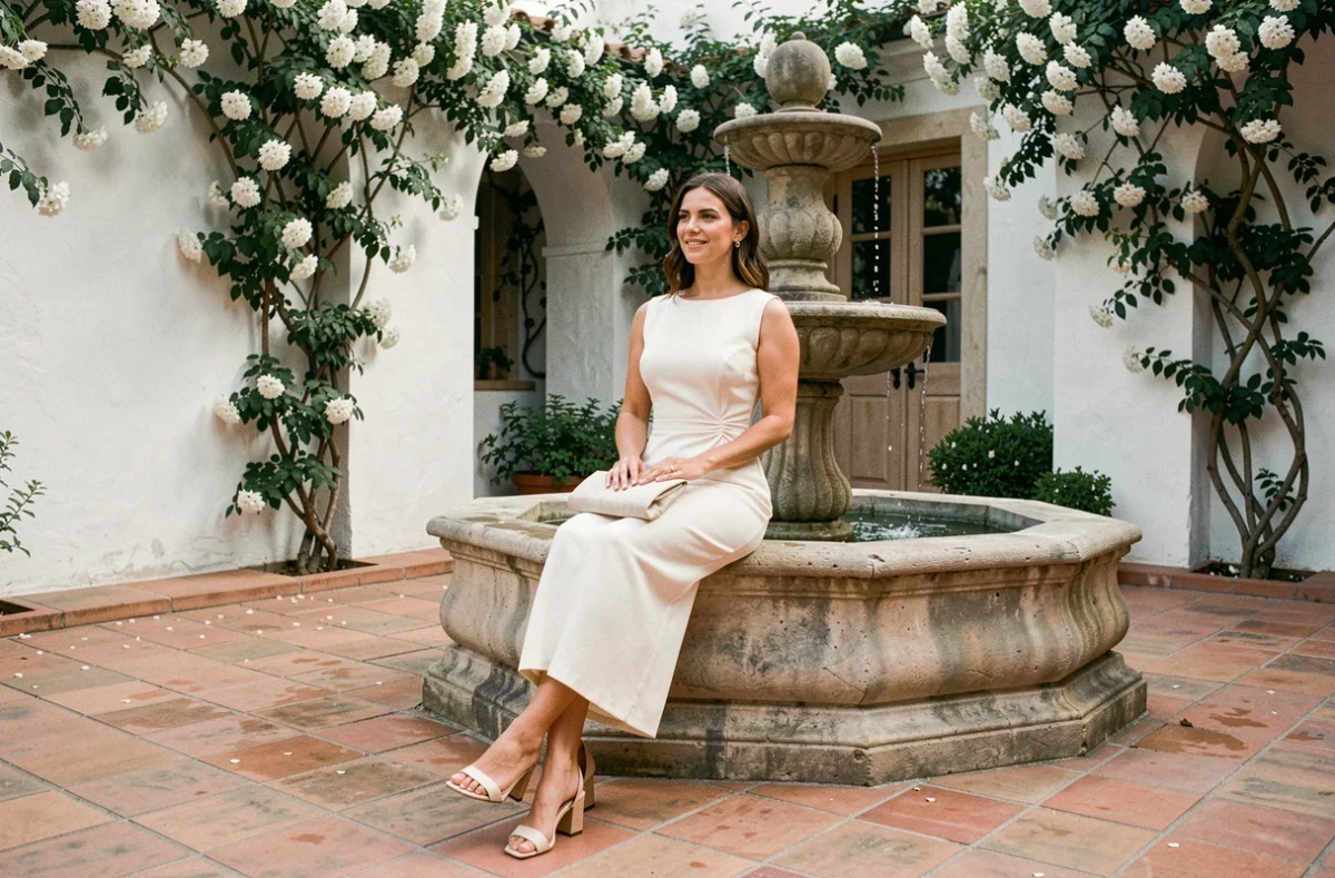 Femme en robe fourreau crêpe blanc cassé assise dans une cour méditerranéenne pour un mariage civil chic et estival