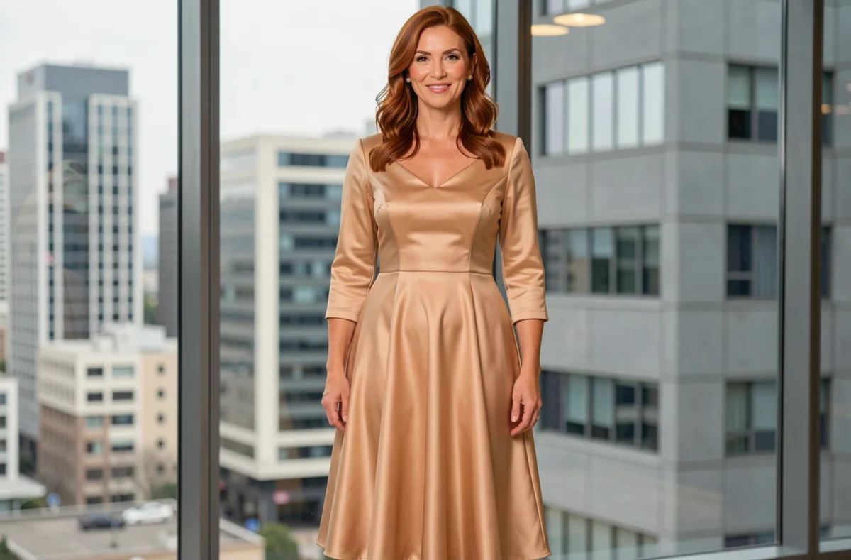Femme en robe de mariée civil en satin champagne coupe A-line dans une mairie contemporaine avec vue sur la ville