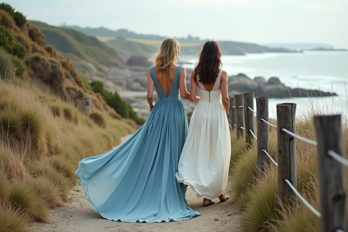 Deux mariées en robe de mariage bleu ardoise et ivoire sur un chemin côtier rocheux, plan large