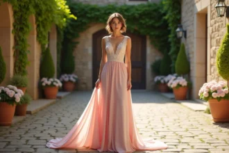 Mariée en robe de mariage rose blush dans un jardin en pierre avec des fleurs pastels, vue en pied