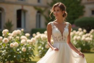Mariée en robe ivoire avec dentelle dans un jardin de château français entouré de roses crème