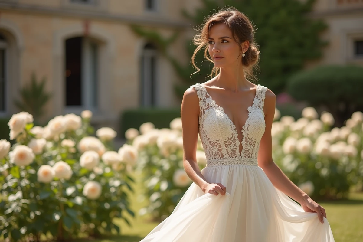 Mariée en robe ivoire avec dentelle dans un jardin de château français entouré de roses crème
