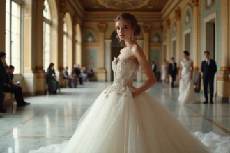 Mariée en robe princesse avec corsage brodé de perles et longue traîne cathédrale dans un château français