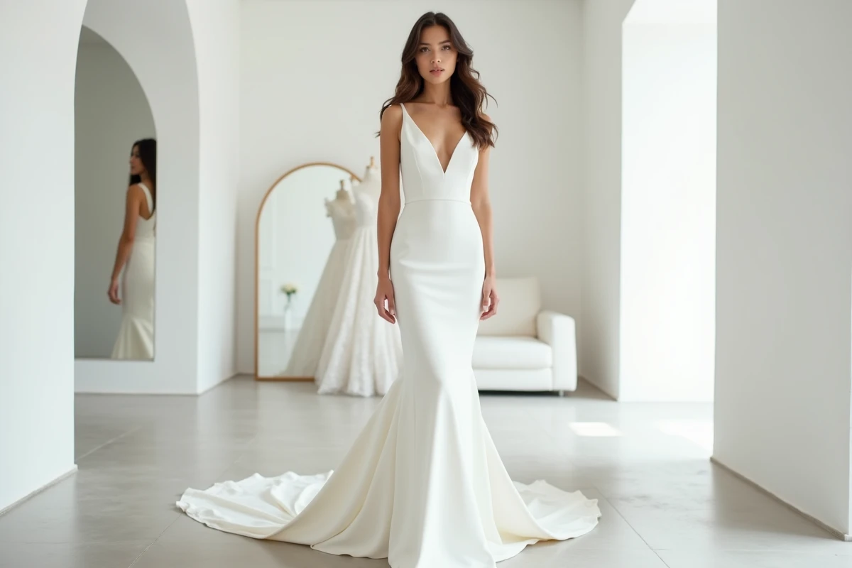 Femme en robe de mariée blanche structurée dans une boutique moderne avec miroirs géométriques