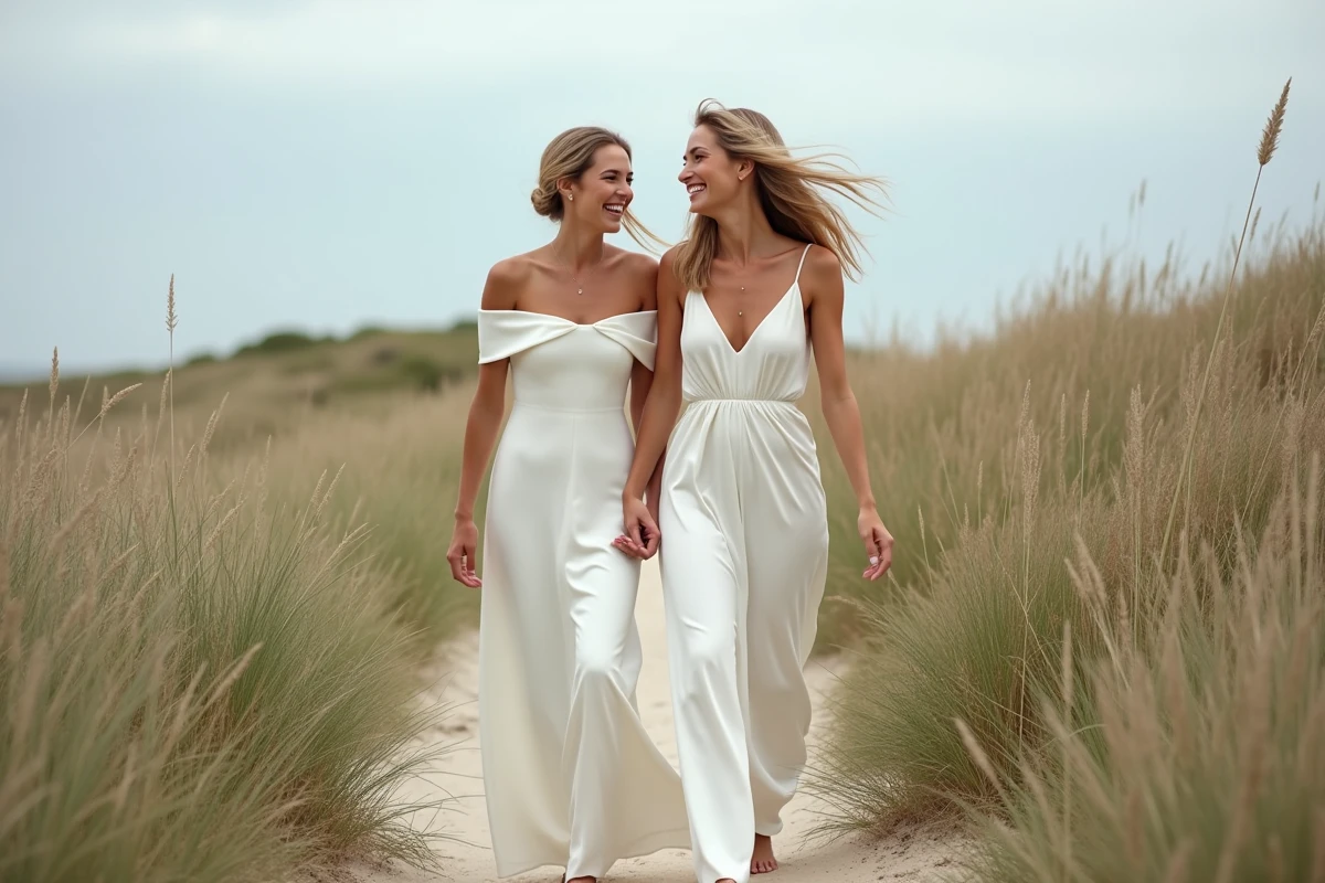 Deux femmes dont une mariée en robe blanche crêpe à épaules dénudées et une demoiselle d'honneur marchant sur un sentier côtier entre les dunes pour un mariage à la plage