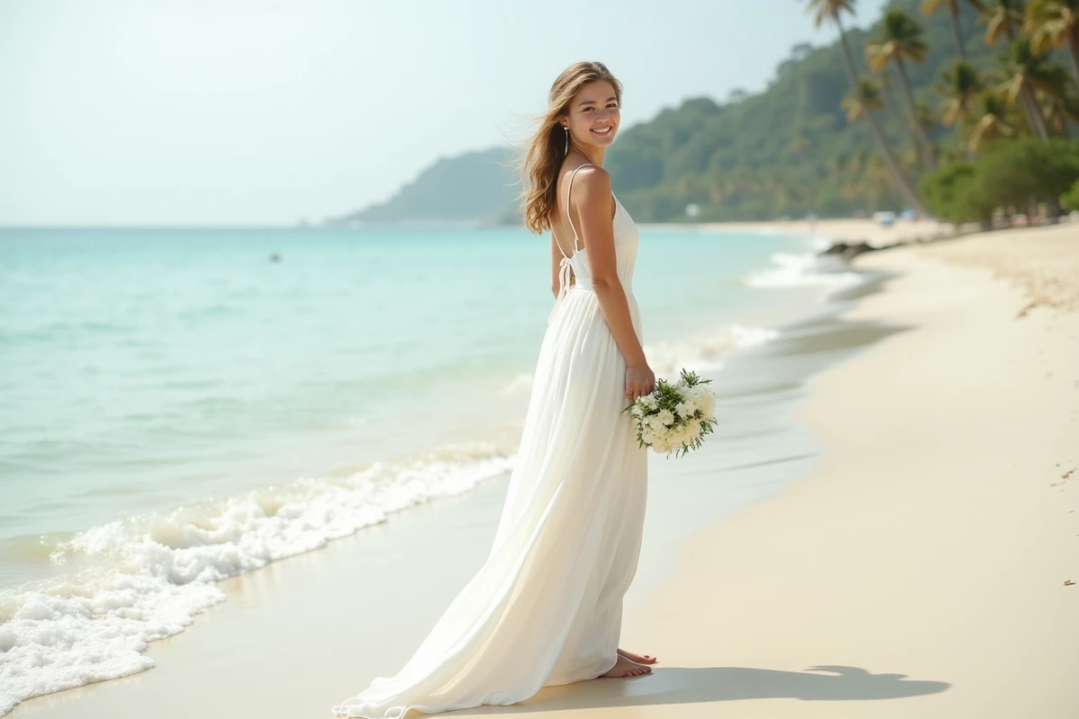 Mariée en robe blanche en mousseline de soie sur une plage de sable fin, pieds nus au bord de l'eau avec un bouquet de fleurs tropicales