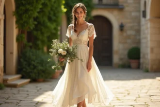 Mariée en robe bohème chic en dentelle pour un mariage civil dans une cour en pierre, coiffure tressée avec fleurs sauvages