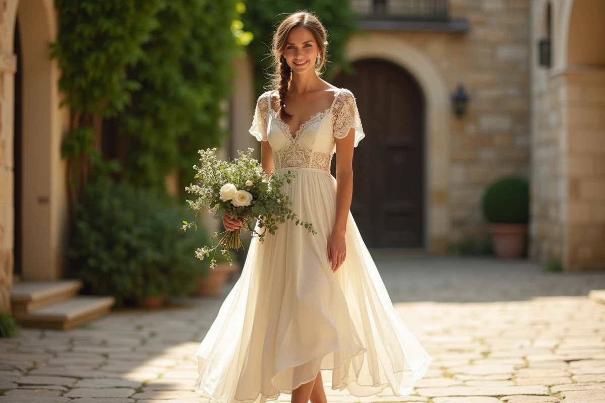 Mariée en robe bohème chic en dentelle pour un mariage civil dans une cour en pierre, coiffure tressée avec fleurs sauvages