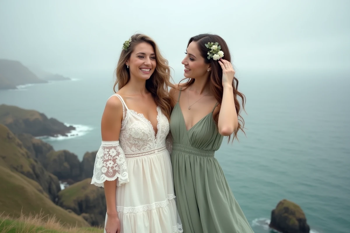 Mariée bohème et témoin sur une falaise côtière, robe en dentelle à manches larges, style naturel et paysage marin en arrière-plan