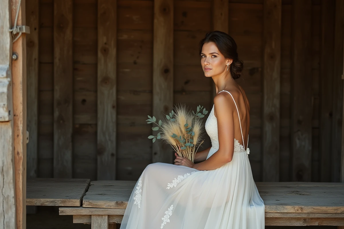 Mariée bohème en robe dos nu assise dans une grange rustique, tenant un bouquet de pampa séché, style naturel et élégant