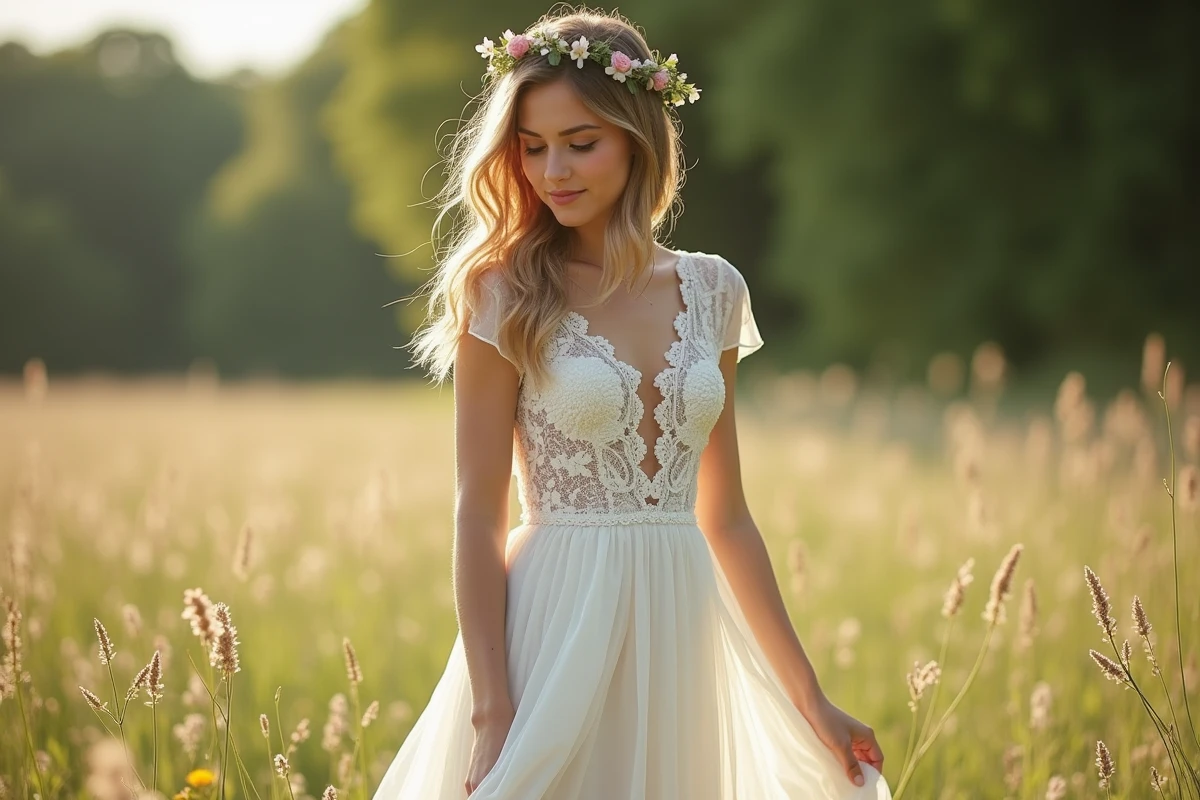 Jeune mariée en robe bohème pas chère en dentelle et mousseline dans une prairie fleurie, coiffure naturelle avec couronne de fleurs séchées