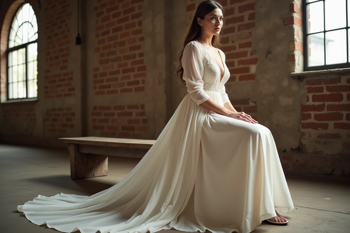 Femme ronde assise en robe de mariée chiffon manches longues dans une salle de réception industrielle
