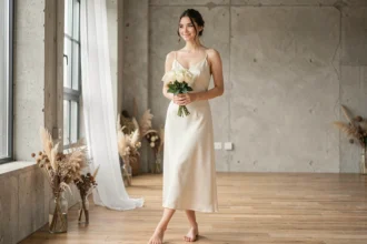 Mariée discrète en robe de mariée fluide ivoire à bretelles fines, tenant un bouquet de roses blanches dans un loft lumineux