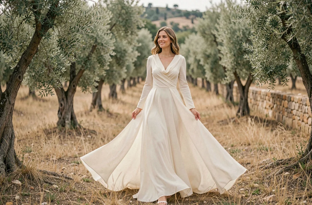 Mariée en robe de mariée en mousseline fluide manches longues marchant dans une oliveraie méditerranéenne