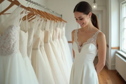 Jeune mariée essayant une robe de mariée simple et élégante en dentelle dans une boutique vintage à petit prix