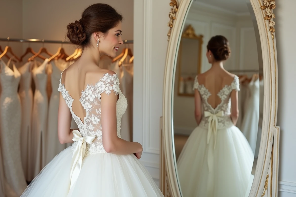Femme essayant une robe de mariée princesse à manches en dentelle dans un atelier de haute couture parisien