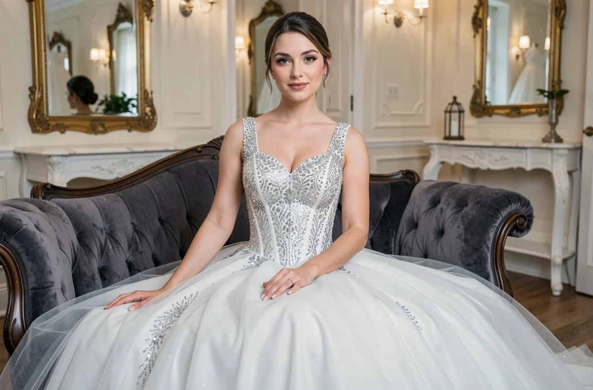 Mariée en robe princesse ornée de cristaux et sequins argentés assise sur un canapé vintage dans une boutique de mariage au décor classique
