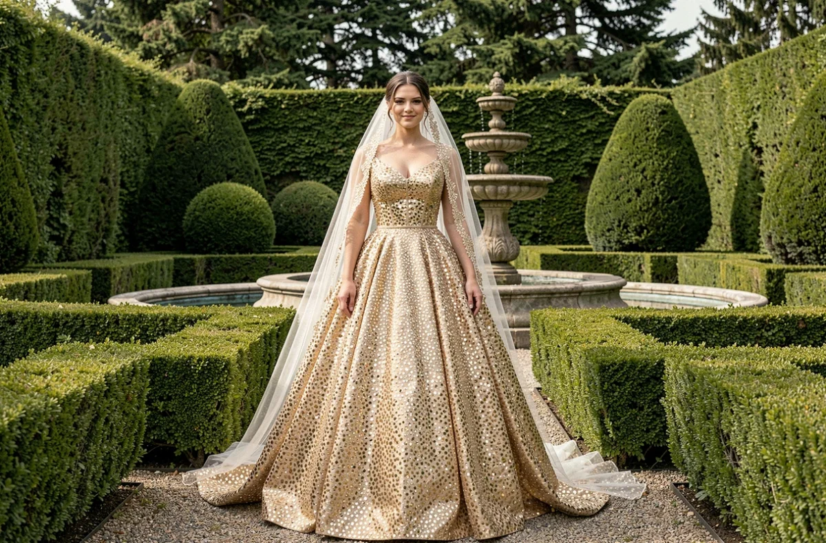 Robe de mariée princesse couverte de strass et paillettes dorées photographiée en extérieur dans un jardin formel avec fontaine en pierre et haies sculptées