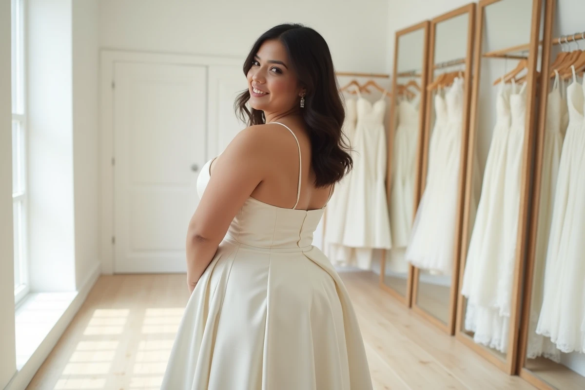 Femme ronde de dos en robe de mariée satin coupe A dans une boutique de mariage épurée