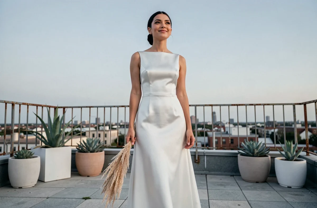 Mariée moderne en robe de mariée satin minimaliste sur un rooftop urbain avec horizon de ville en arrière-plan