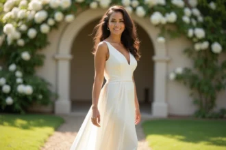 Femme ronde en robe de mariée simple et classe en crêpe ivoire à taille empire dans un jardin fleuri