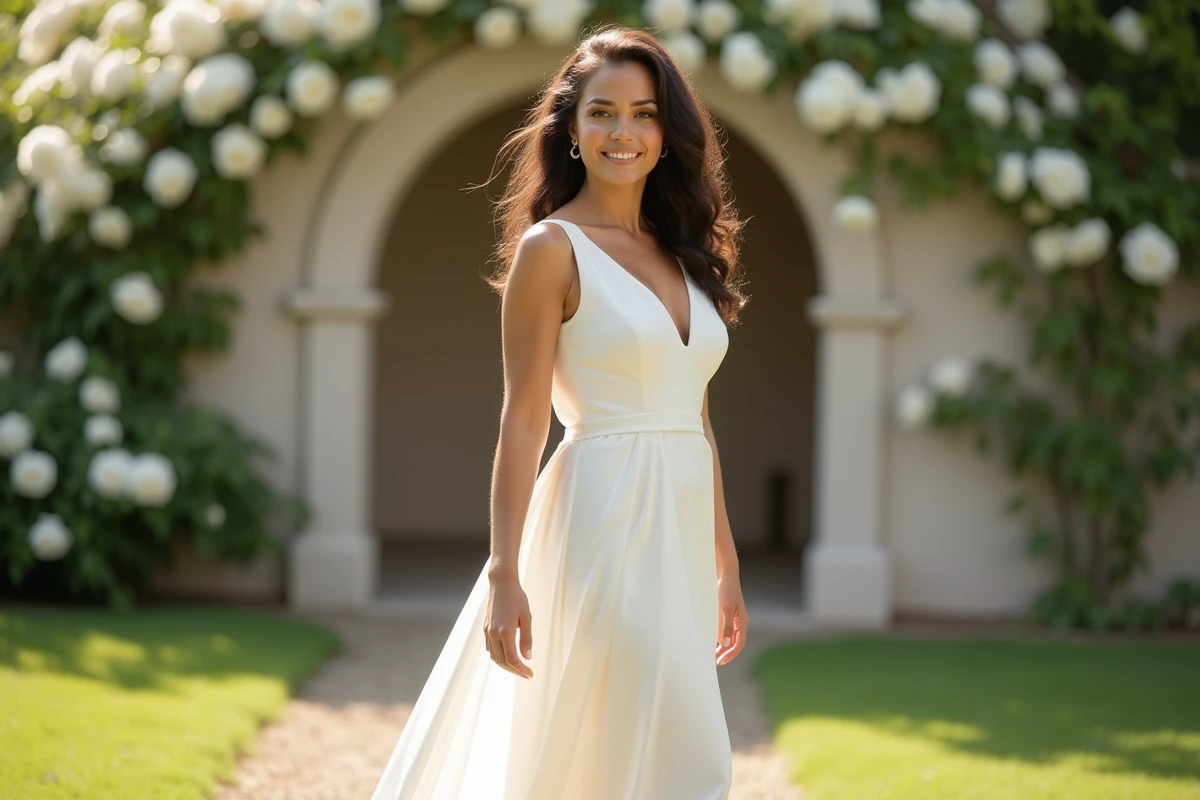 Femme ronde en robe de mariée simple et classe en crêpe ivoire à taille empire dans un jardin fleuri