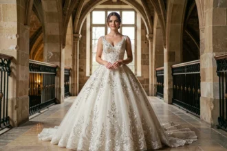 Robe de mariée princesse à strass et paillettes portée dans un couloir de château, vue pleine longueur mettant en valeur la jupe volumineuse et les broderies scintillantes