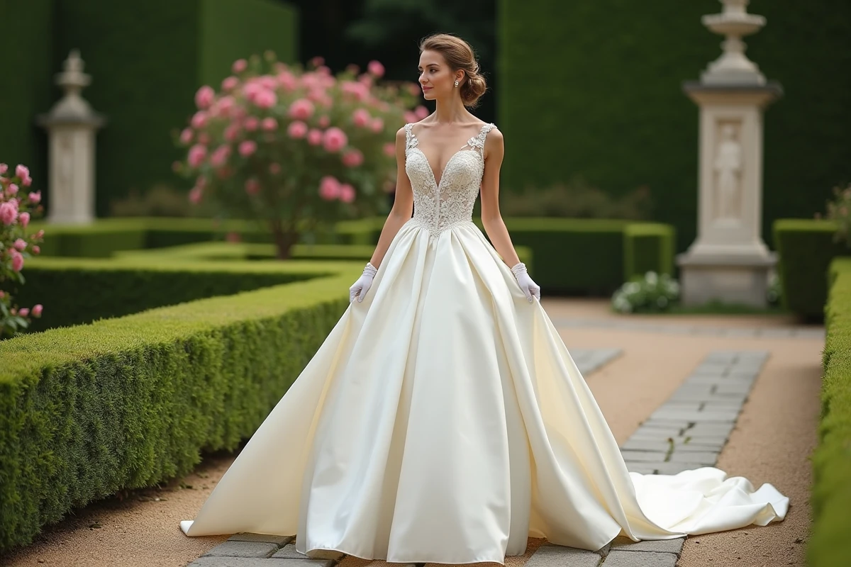 Mariée en robe princesse en satin ivoire marchant dans un jardin à la française avec broderies florales en dentelle