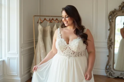 Femme grande taille portant une robe trapèze ivoire en dentelle pour mariage, dans une boutique de robes de mariée élégante