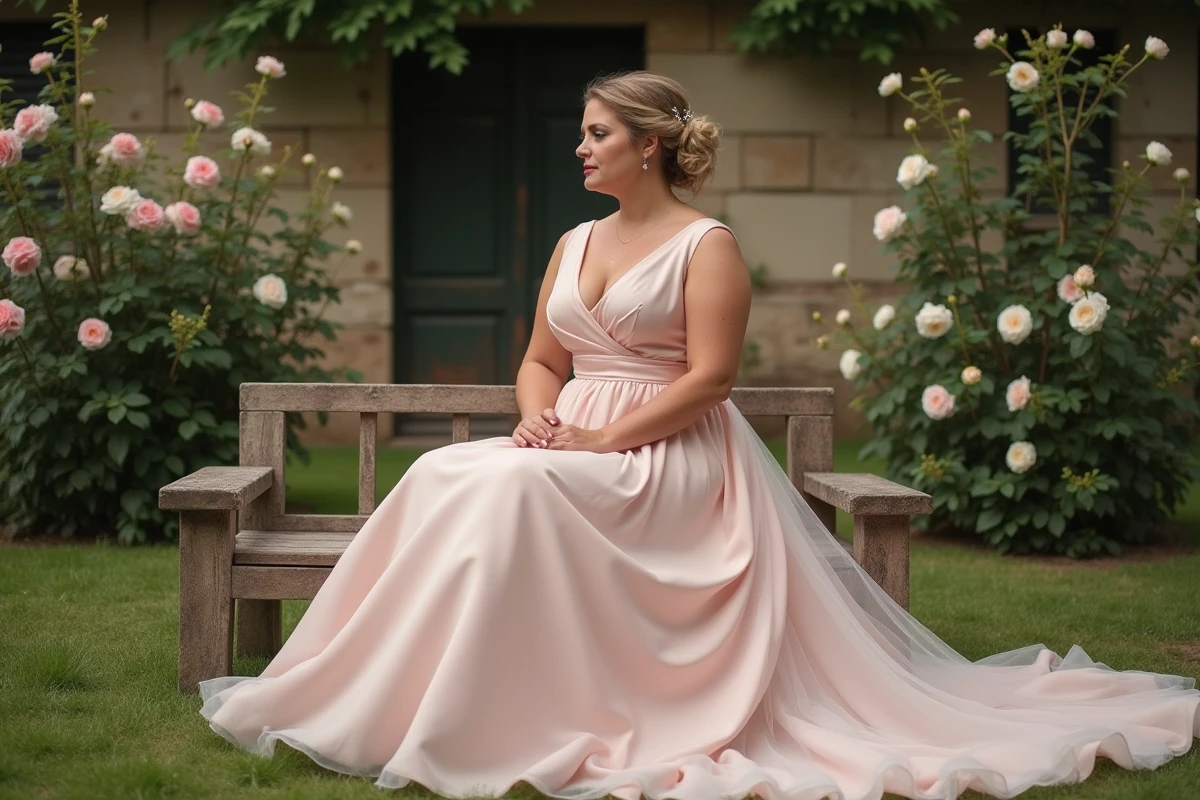 Mariée grande taille en robe trapèze rose poudré à jupe en tulle, assise dans un jardin fleuri pour un mariage en plein air