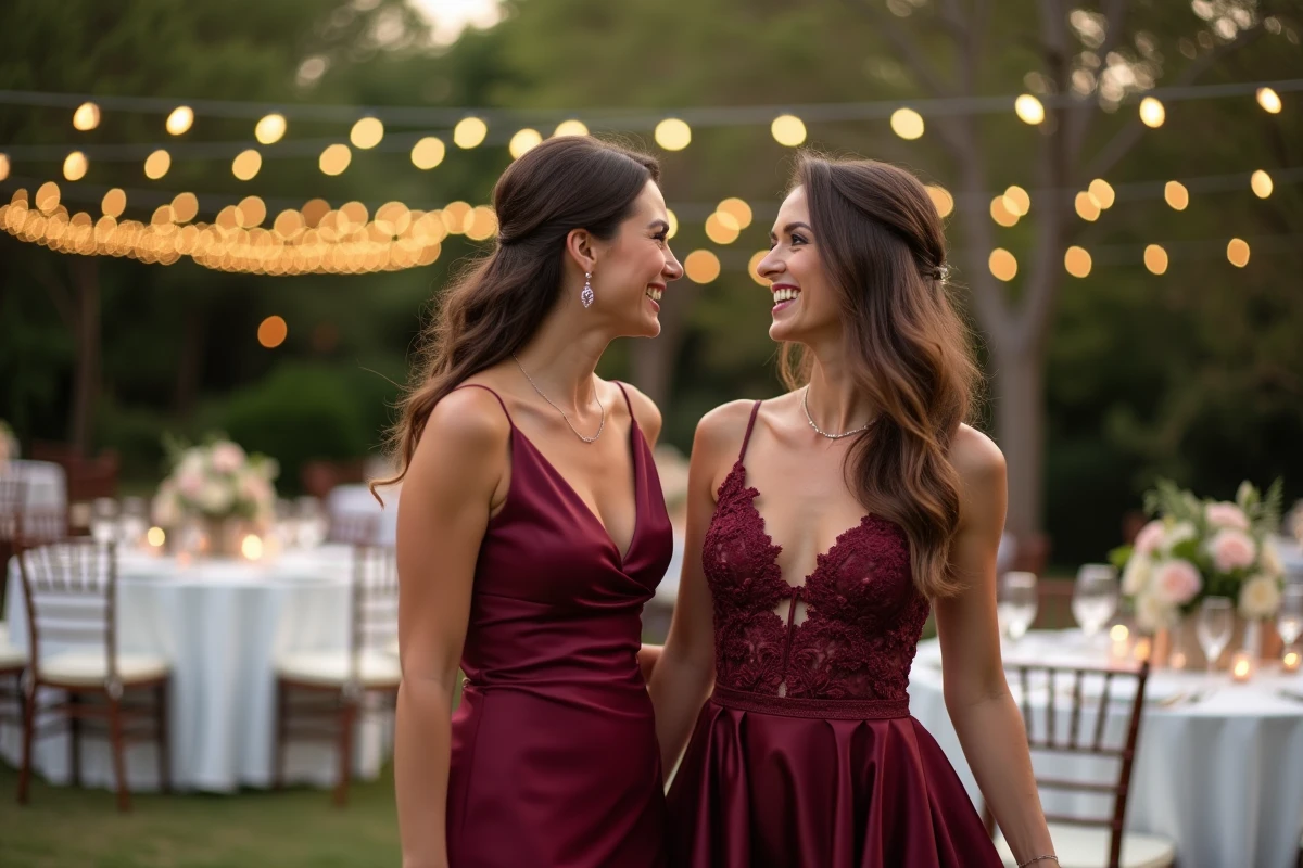 Deux femmes en robes bordeaux longue et courte lors d'une réception de mariage en plein air
