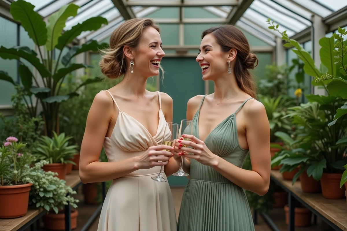 Deux mariées en robes courtes champagne et vert sauge portant un toast dans une serre botanique lors d'un mariage intimiste
