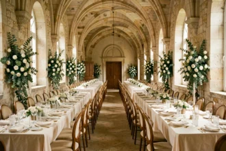 Vue grand angle d'une élégante salle de mariage en Vendée avec tables dressées et décoration florale