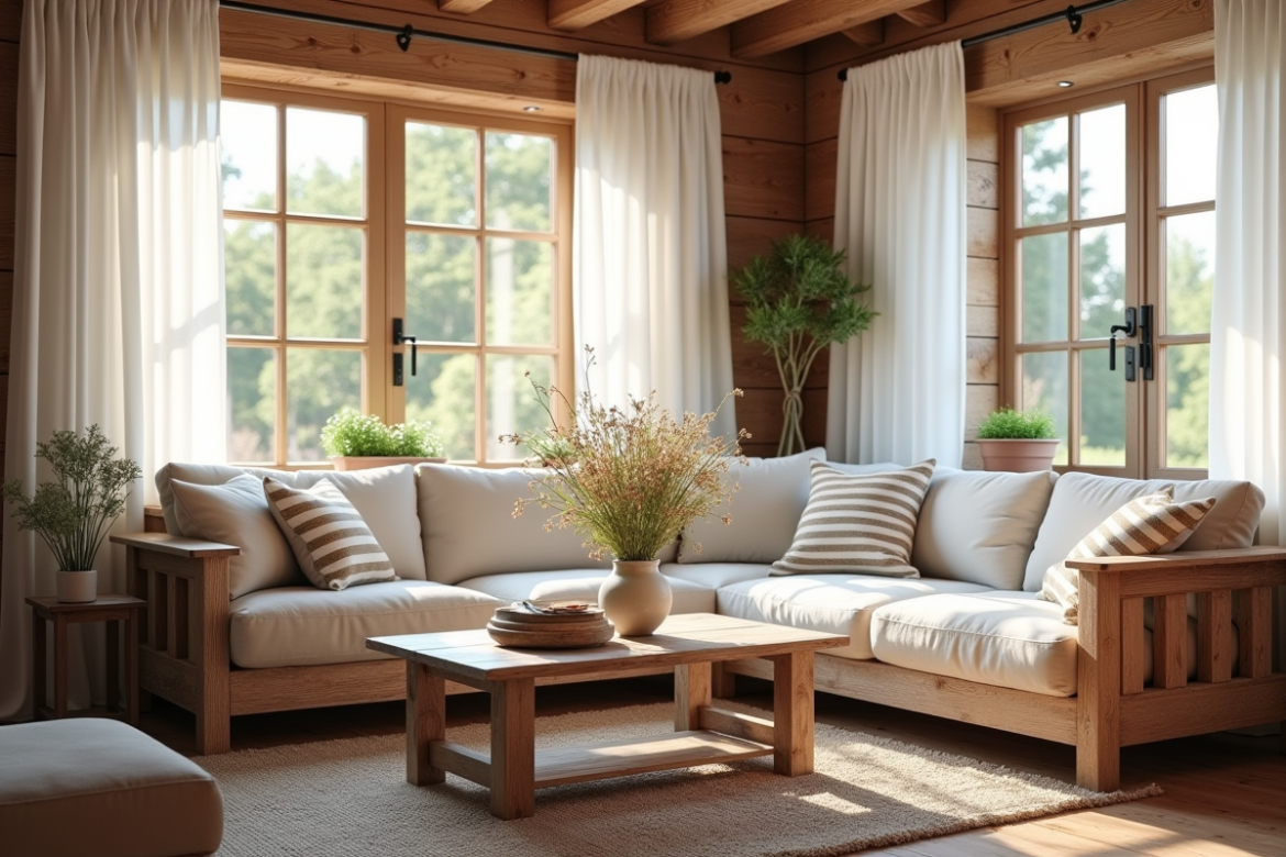 Salon campagne rustique avec meubles en bois et fleurs sauvages