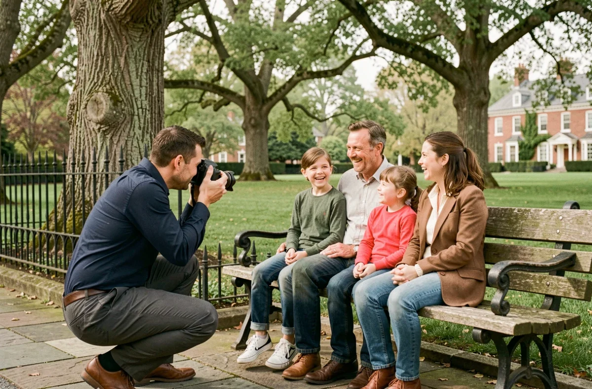 Photographe de famille en action dans un parc de Sucy-en-Brie lors d'une séance photo professionnelle
