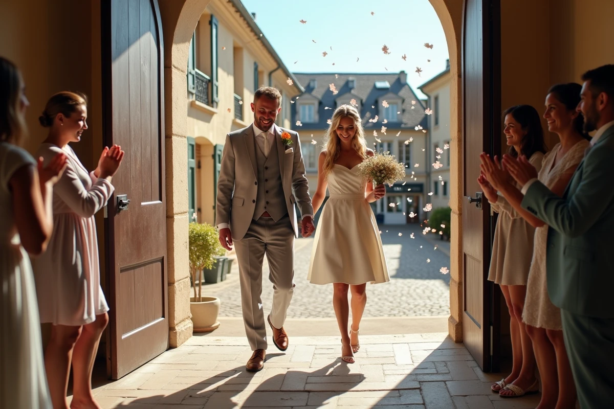 Mariés sortant de la mairie sous les confettis entourés de proches lors d'un mariage civil simple