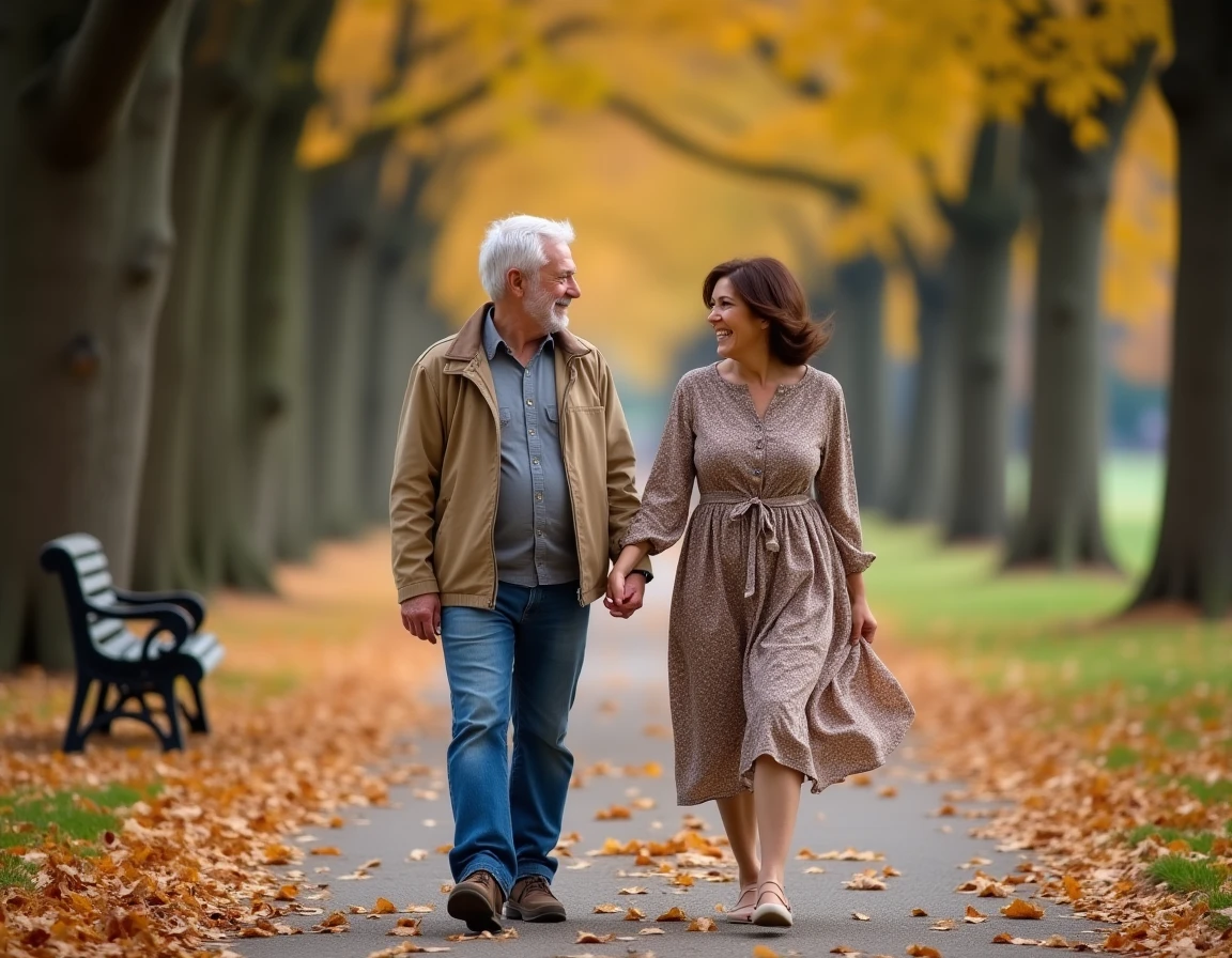 Couple complice se promenant dans un parc en automne évoquant la vie privée de Stéphane Marie