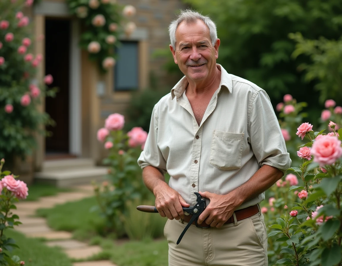 Stéphane Marie jardinier célèbre dans son jardin fleuri en France
