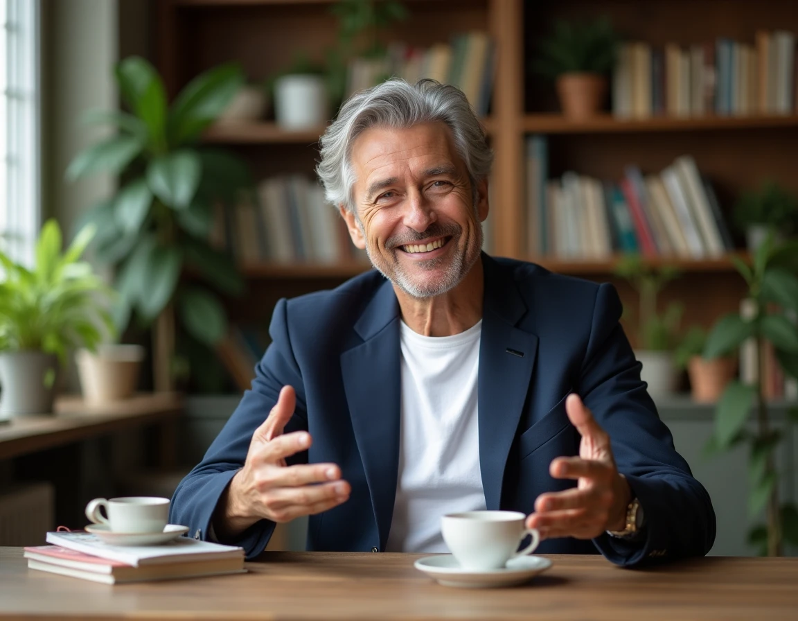 Portrait de Stéphane Marie lors d'une interview dans un intérieur cosy
