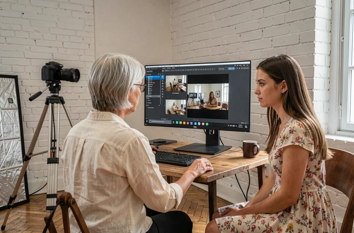 Studio photo professionnel à Sucy-en-Brie avec photographe et cliente en séance de retouche et sélection d'images