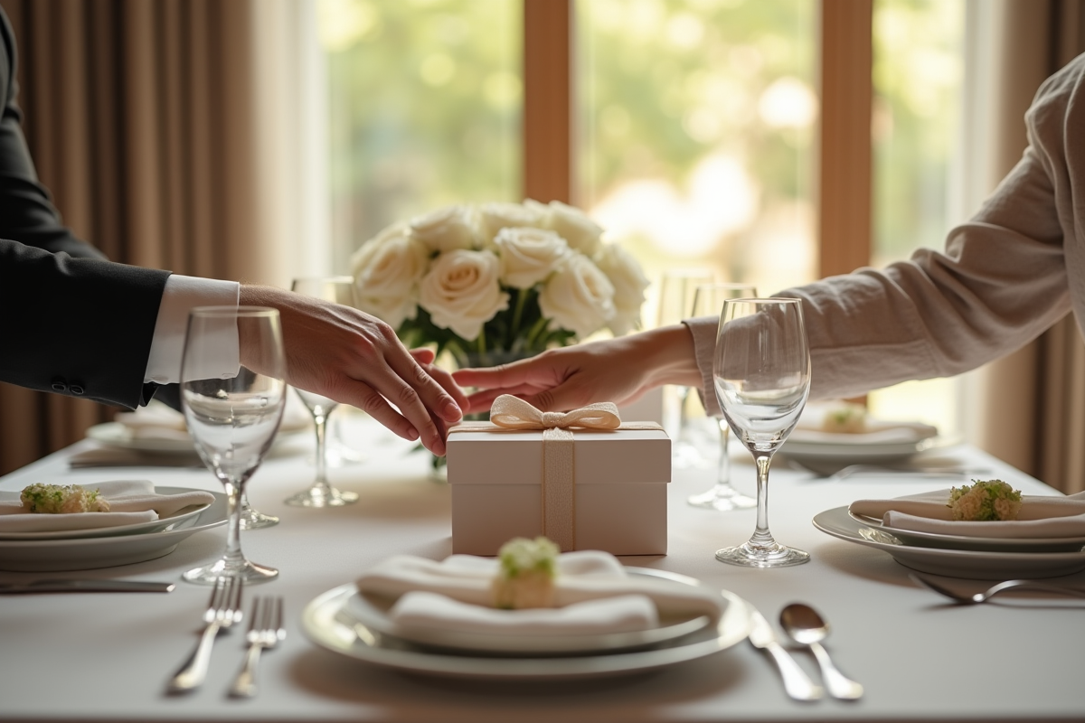 Main touchant une boîte cadeau et roses blanches sur la table